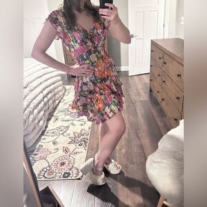 Saloni Catia Dress Women Silk A-Line Flutter Sleeve Pink Printed & Embro…